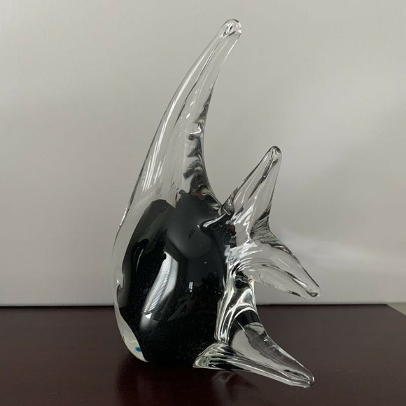 Murano Glass Art Hand Blown Glass Angelfish Clear Black Tropical Figurine 7.5" - Picture 2 of 8